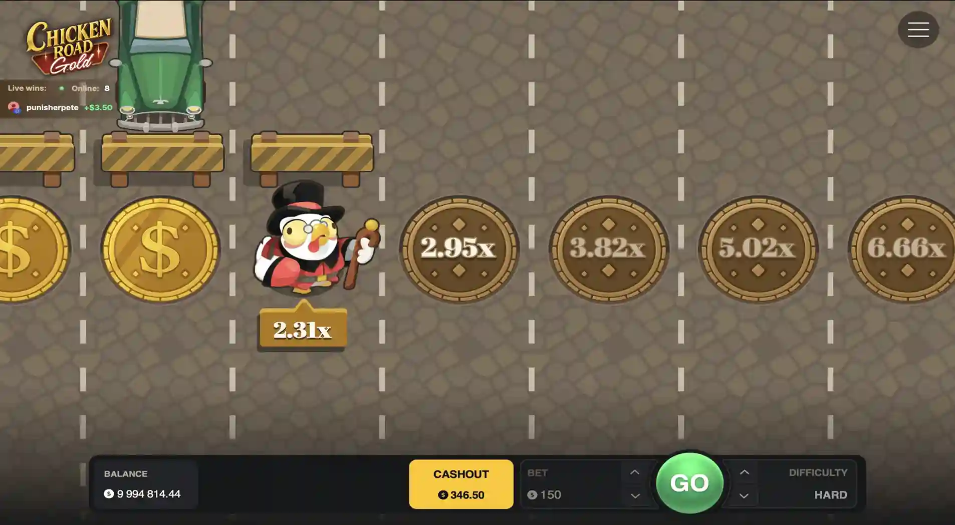 Chicken Road Gold gameplay with walking chicken in top hat stepping towards 2.95x and 3.82x coins