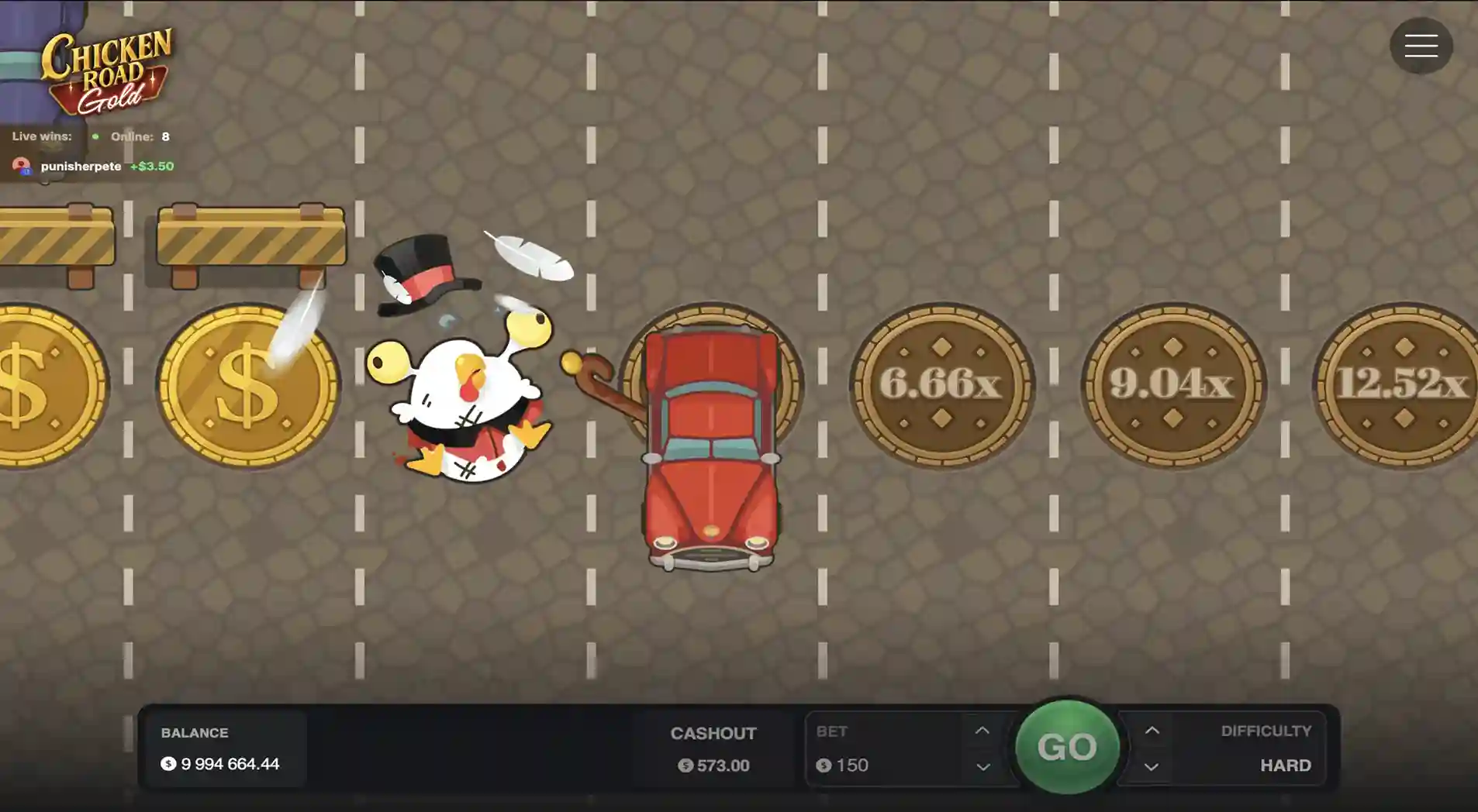 Chicken Road Gold game screen with crashed chicken hit by car and coin multipliers on the road