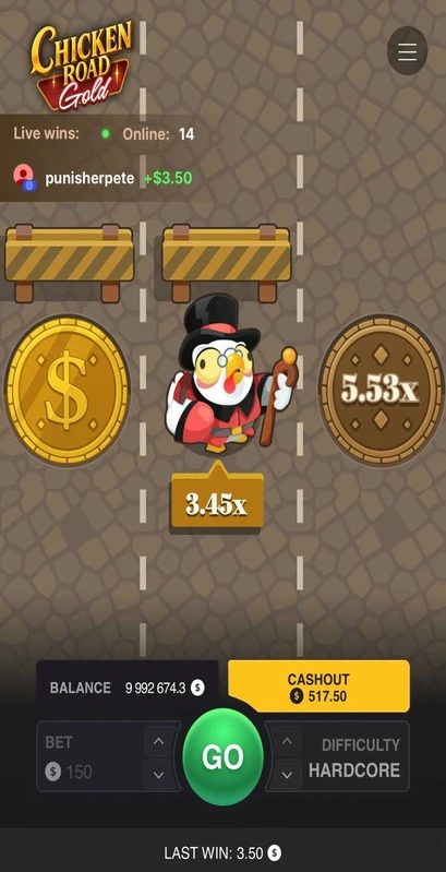 Chicken Road Gold crash game on smartphone with live wins panel and green GO button